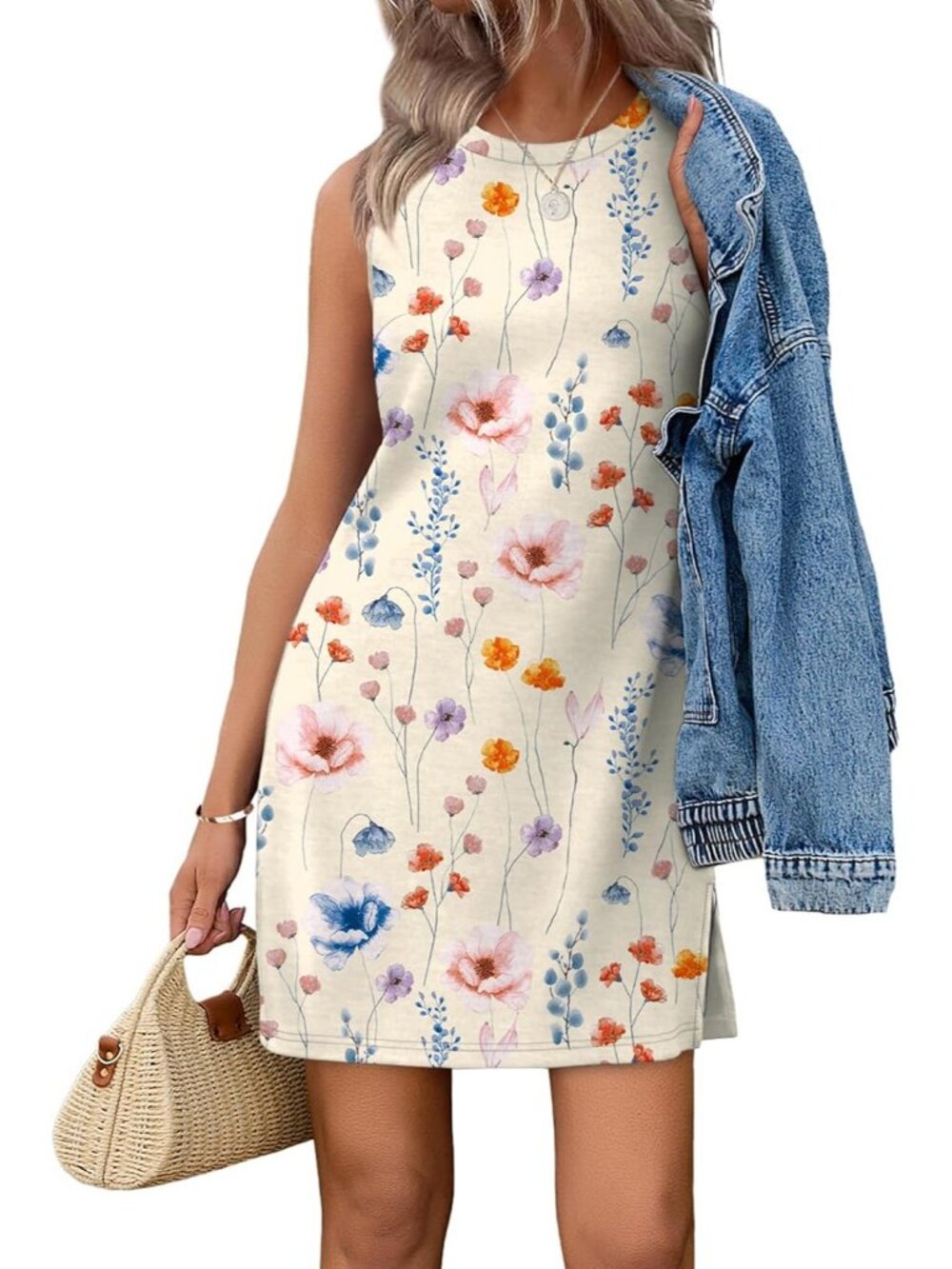 Women's Floral Light Yellow Summer Casual Dress Crewneck Sleeveless Tank Dress